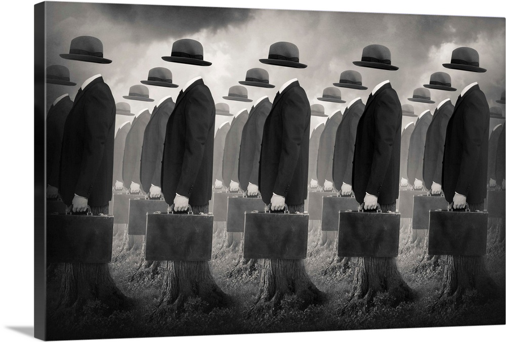 An abstract art photograph of empty business suits and hats, holding briefcases in formation.