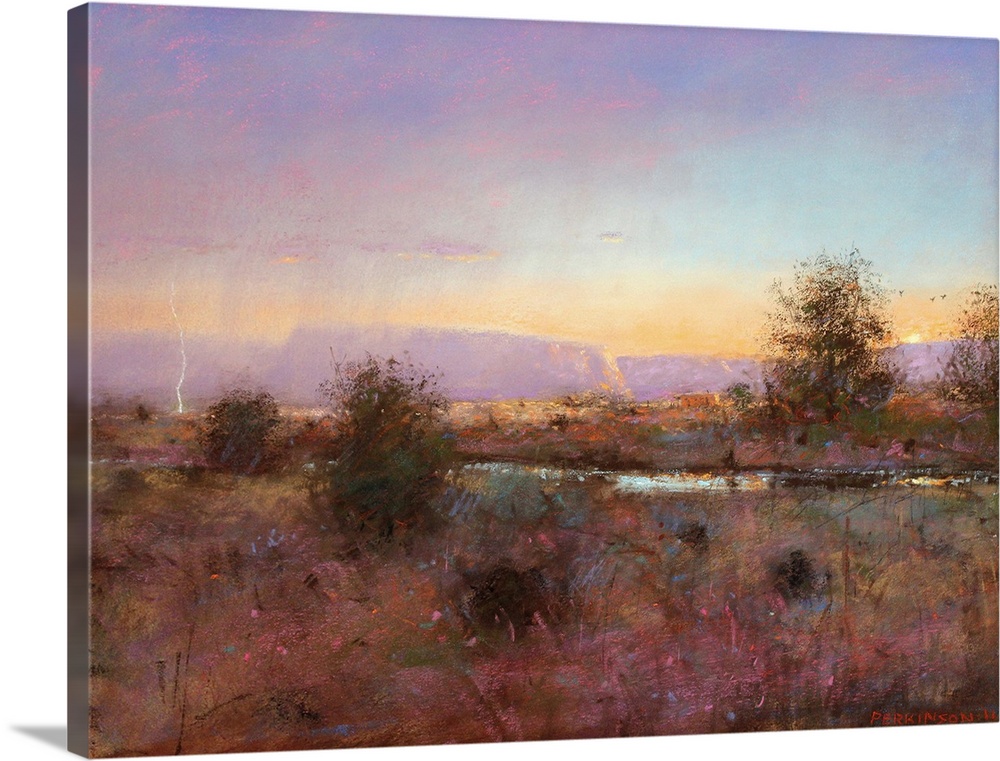A contemporary painting of a southwestern landscape under a purple sky.