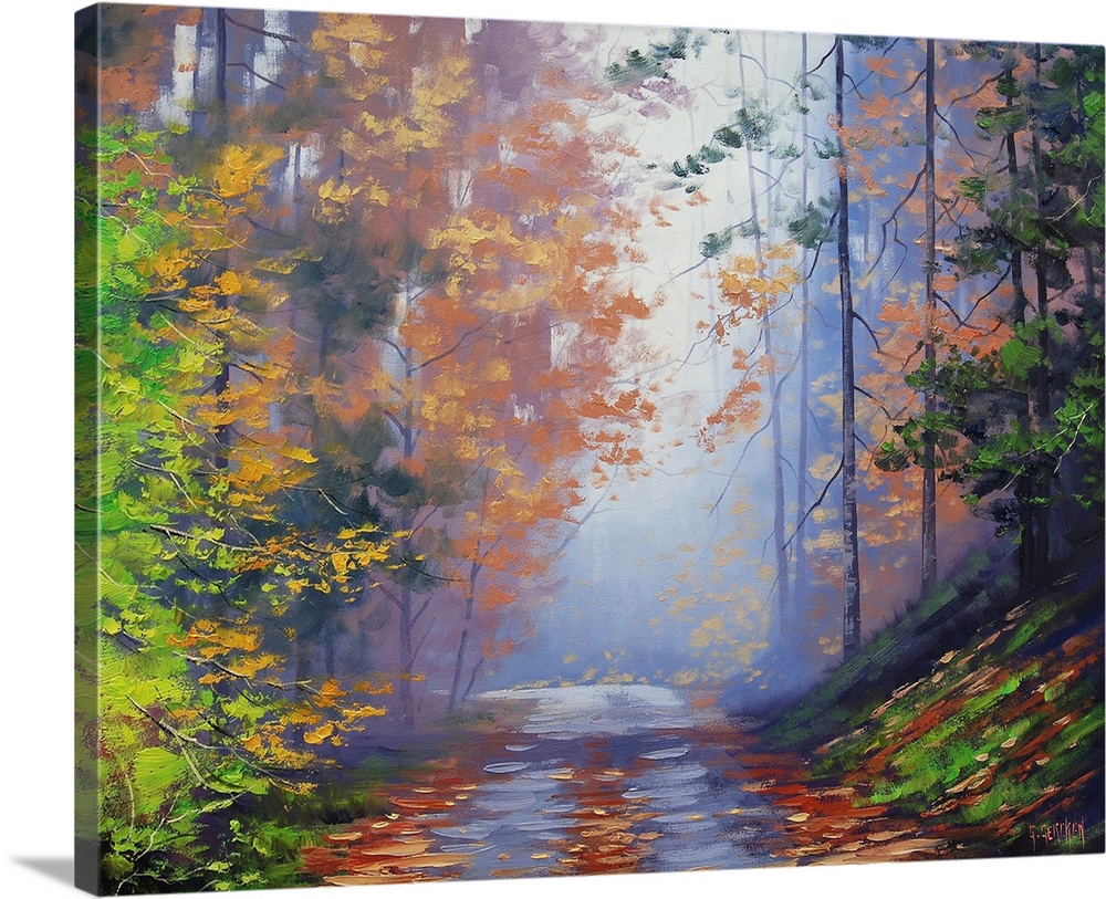 Painting of a forest in autumn.