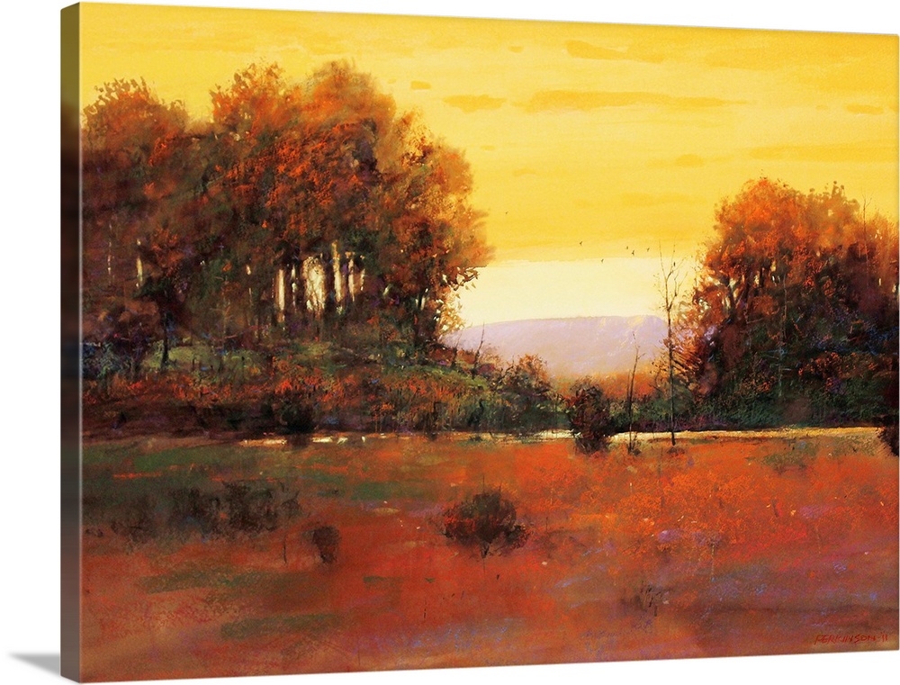 A contemporary painting of a southwestern landscape under an orange sky.