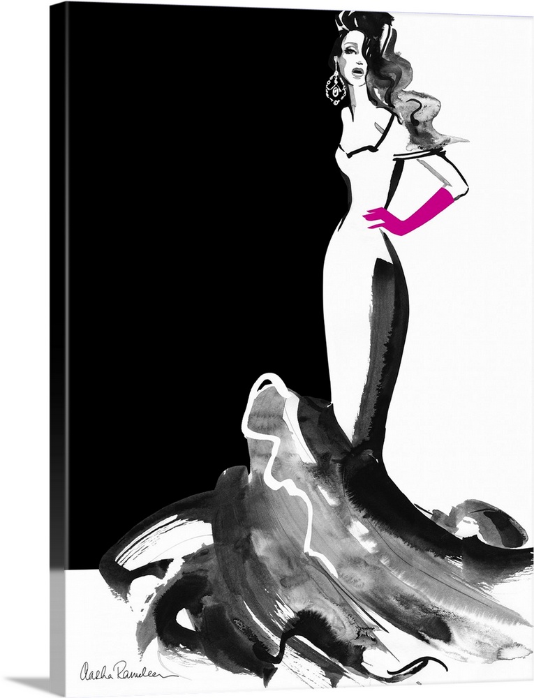 Contemporary fashion artwork of a woman wearing a long dress and long pink gloves.