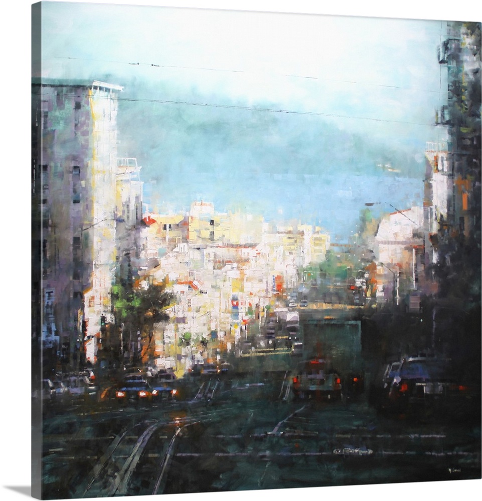 Contemporary painting of an urban scene, with cars on the road looking out over the bay.