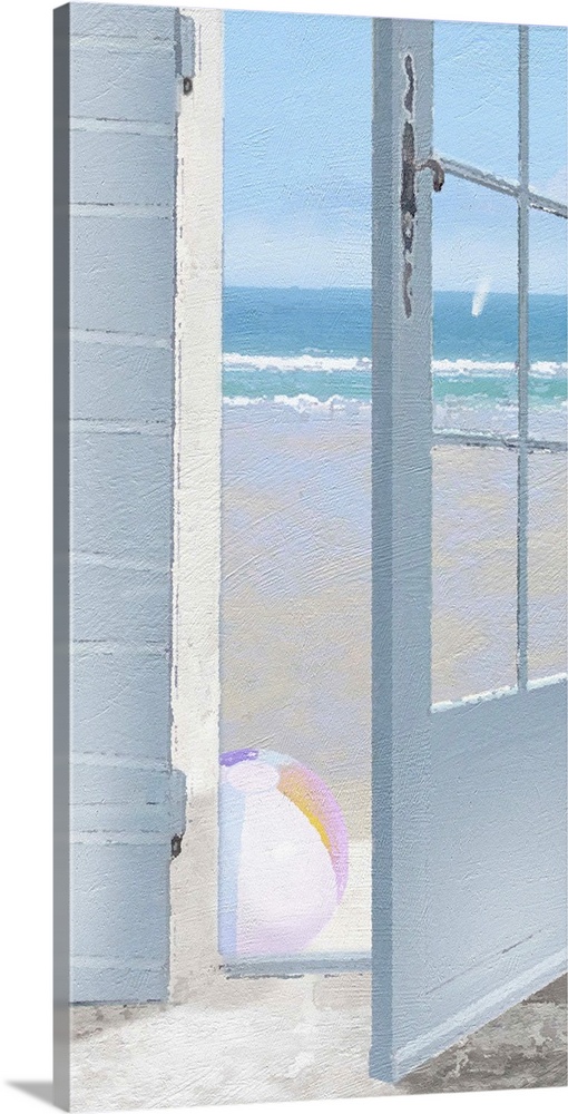 Contemporary painting of an open open door with beach ball outside it looking out at a beach scene.