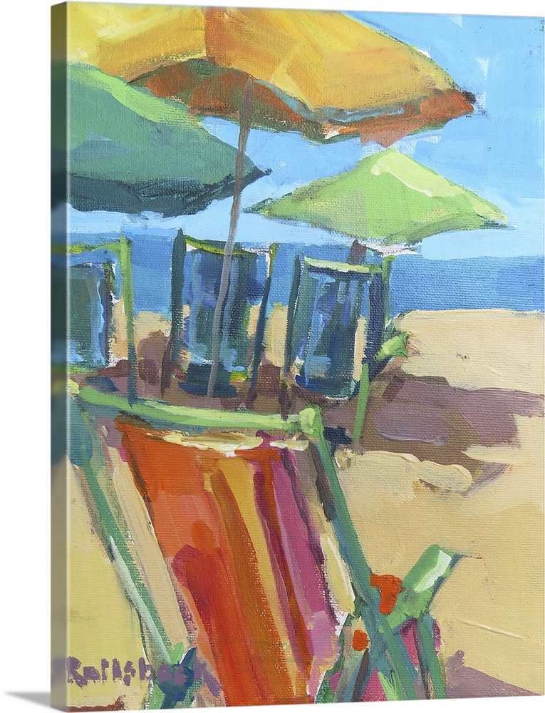 A coastal themed painting of colorful chairs sitting on a beach.