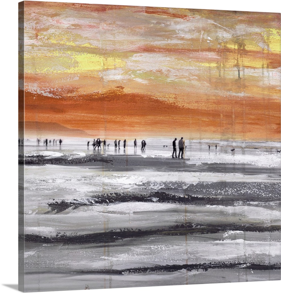 Square mixed media artwork of people walking along a beach.