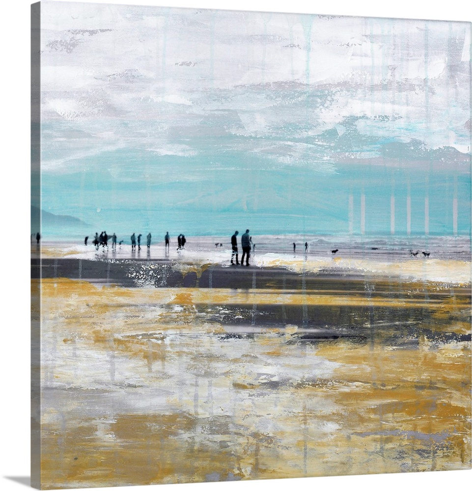 Square mixed media artwork of people walking along a beach.