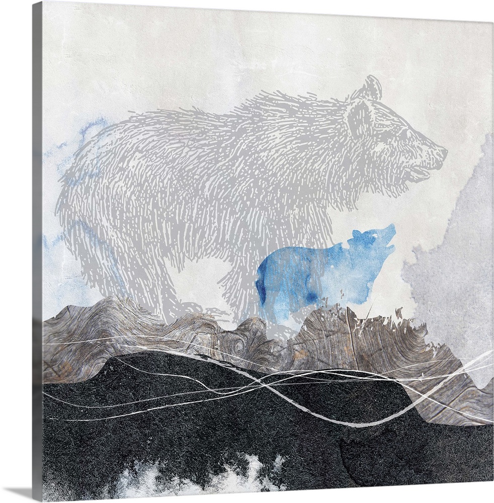 Contemporary artwork of a faded illustration of a bear against a distressed background of wilderness imagery.