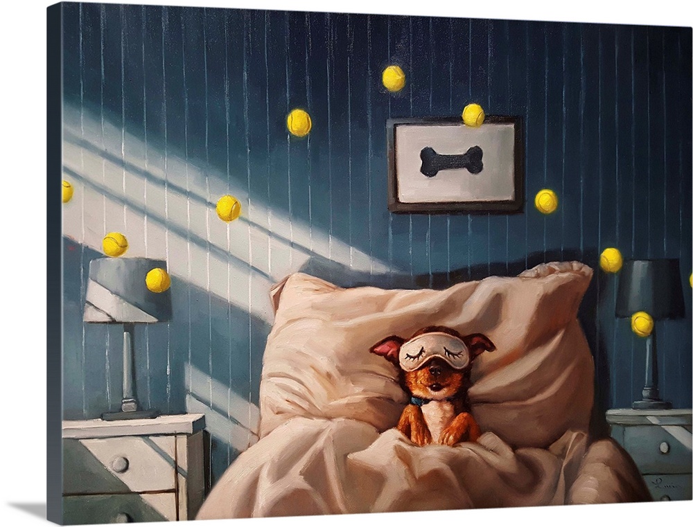 A painting of a dog sleeping with an eye mask and tennis balls floating over the bed.