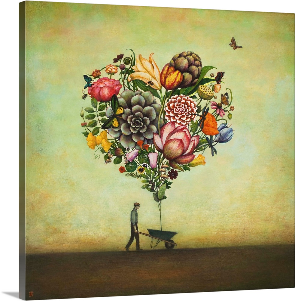 Contemporary surreal artwork of a man pushing a wheelbarrow with several giant flowers in the shape of a heart overhead.