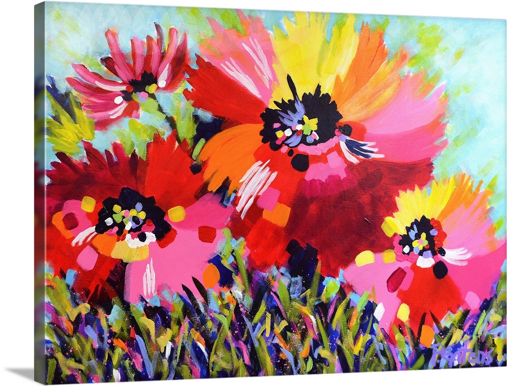 A horizontal abstract painting of bright poppies in colors of yellow, red and pink.