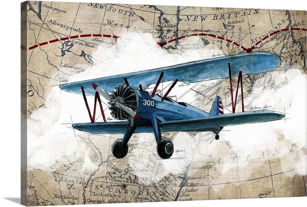 Illustration of a blue biplane in flight with clouds and a map in the background.