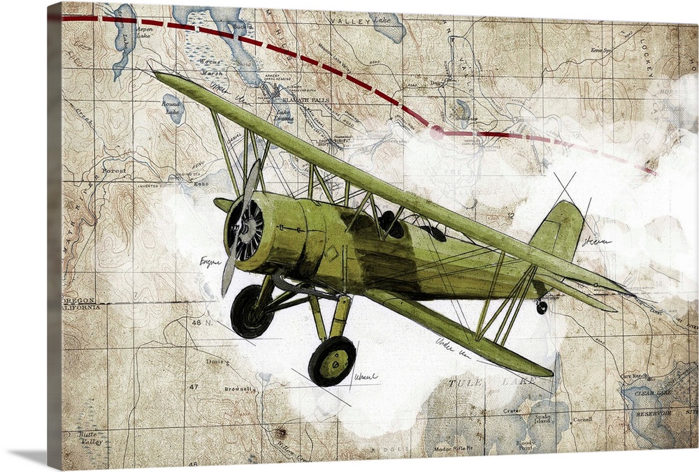 Illustration of a green biplane in flight with clouds and a map in the background.