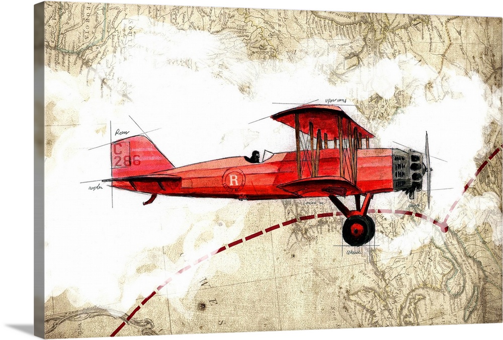 Illustration of a red biplane in flight with clouds and a map in the background.