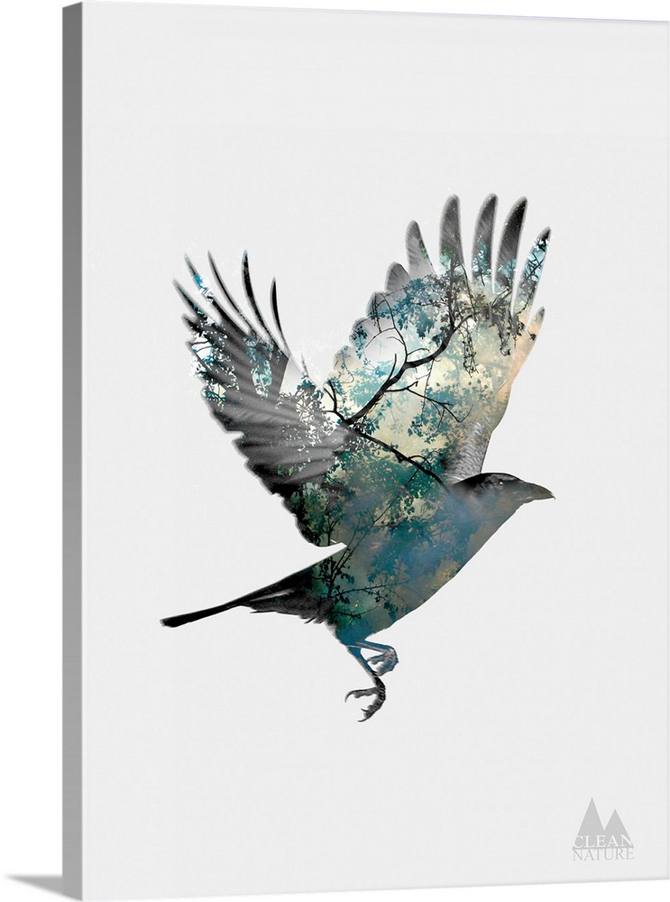 Overlay of an image of a tree on the silhouette of a bird in flight.