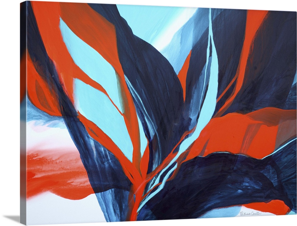 Contemporary abstract painting using tones of blue and red to make sinuous and smooth strokes of colors.