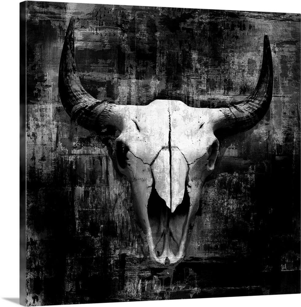 A digital illustration of a cow skull in black and white with a rustic textured effect.