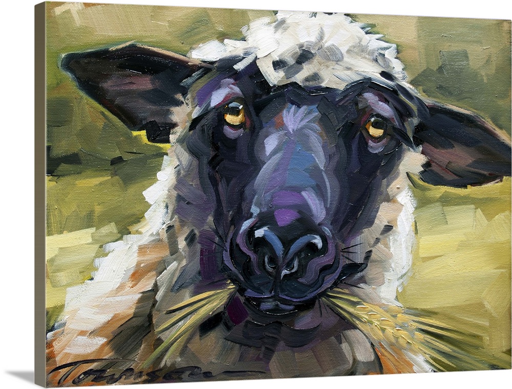 Thick brush strokes create a humorous scene of a sheep's expression while eating.