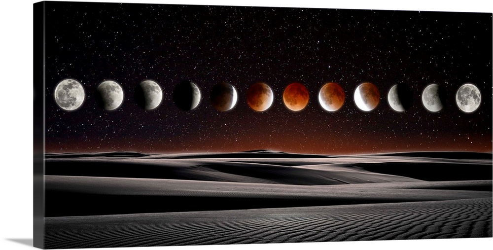 A horizontal composite photograph of the Blood Moon Eclipse.