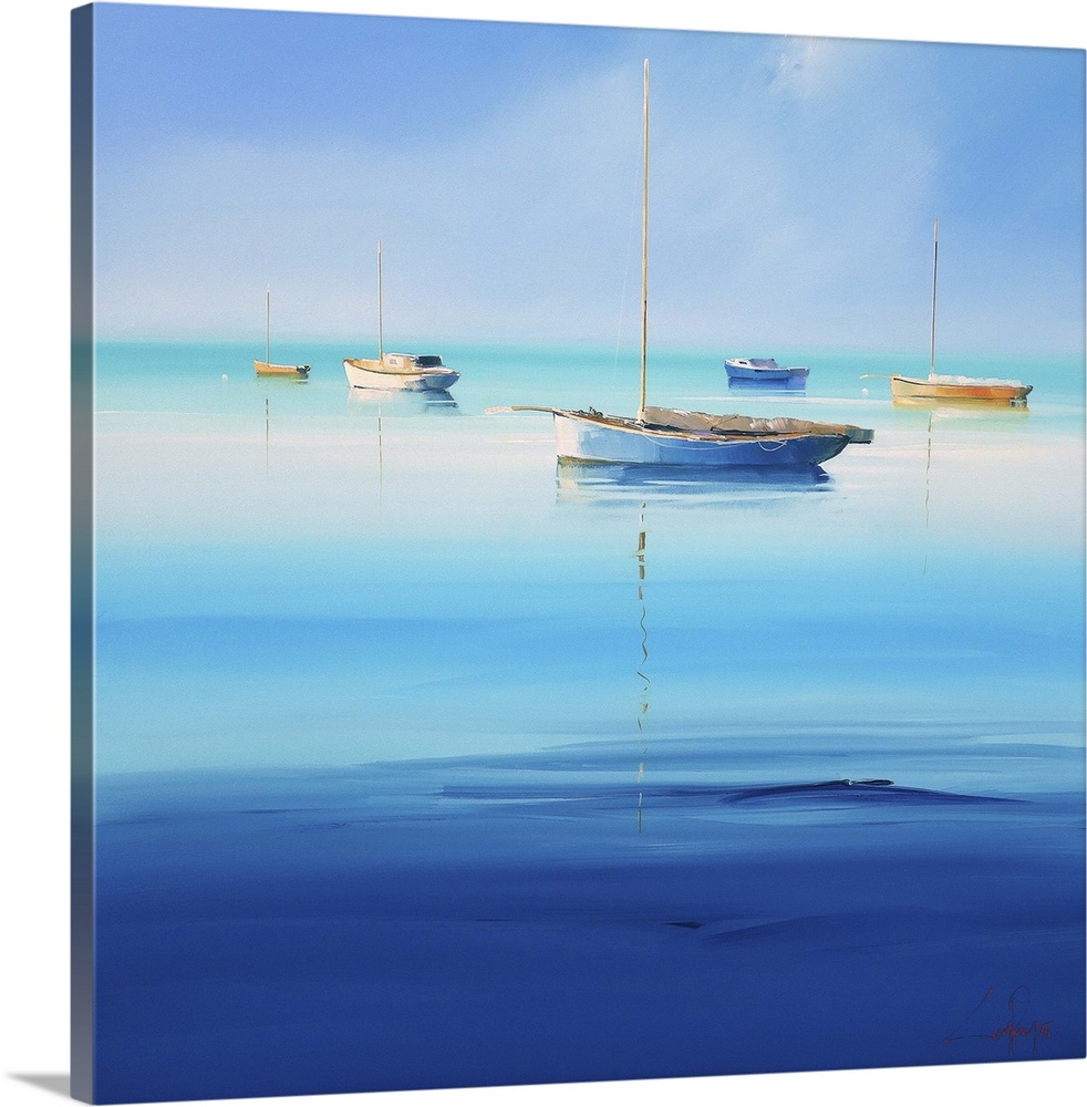 Contemporary painting of sailboats on  calm turquoise water.