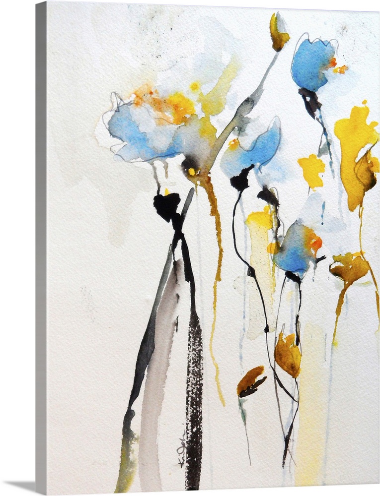 Contemporary watercolor painting of vibrant yellow and blue flowers.