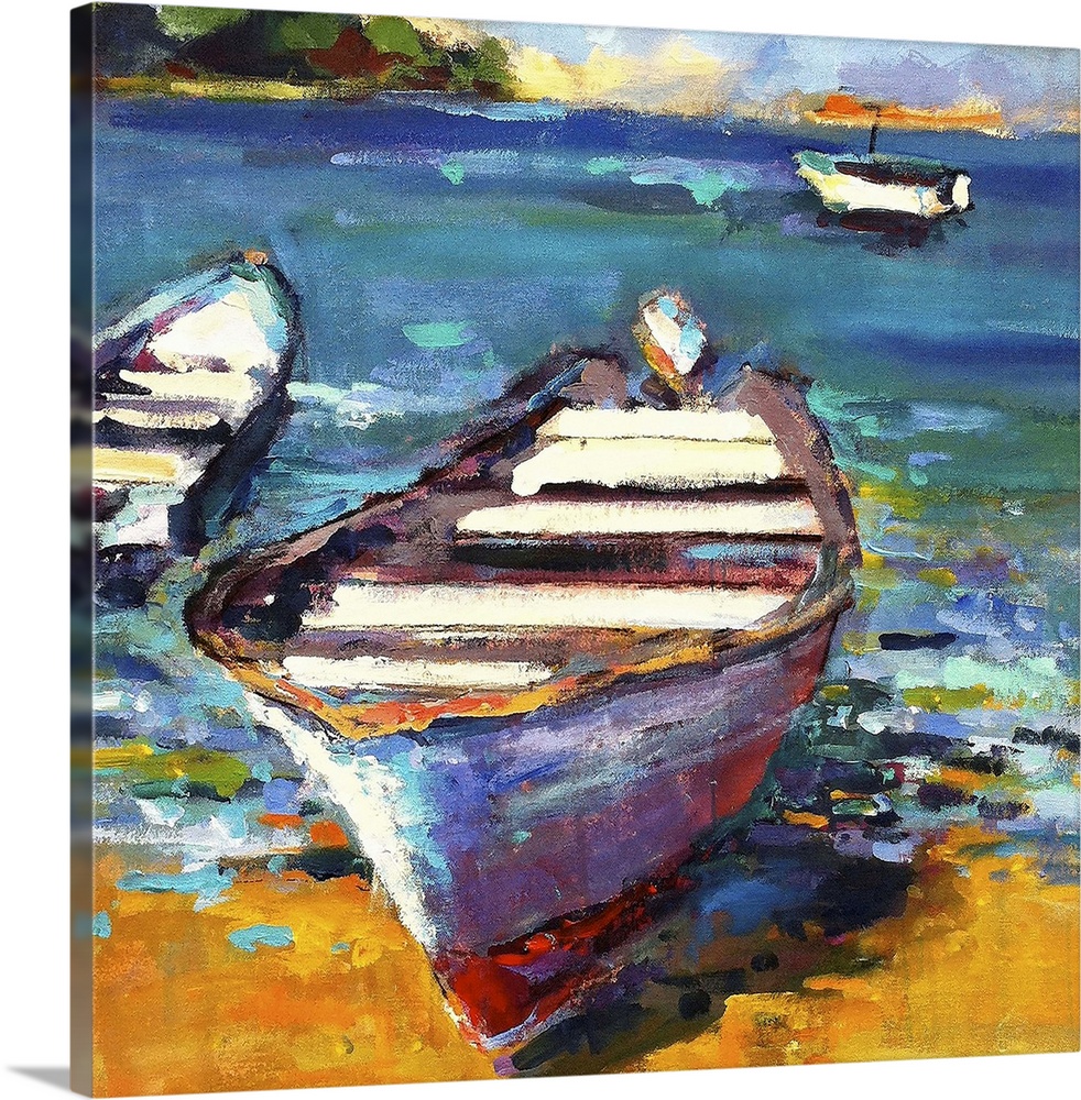 A coastal themed painting of a row boat sitting on the shore of a tropical beach.