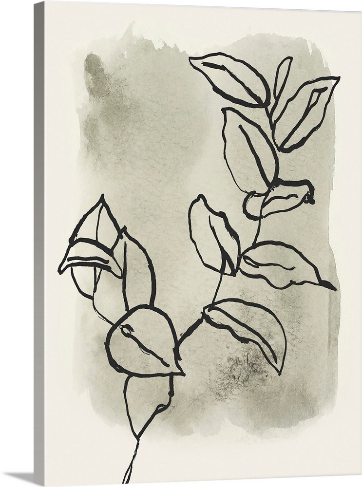 A minimalist illustration of a branch of leaves on a neutral watercolor wash background