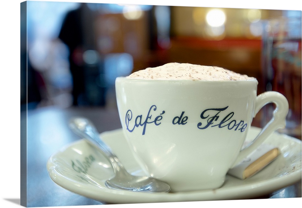 A close up photograph of a cup of coffee from Cafe de Flore in Paris.