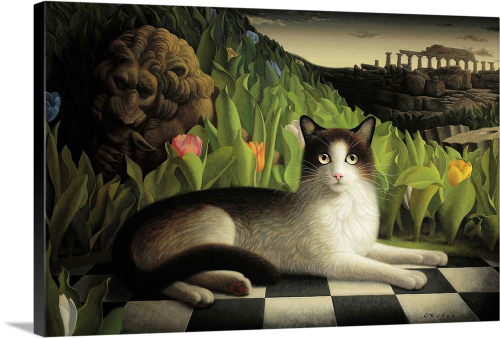 Surrealist painting of a cat lying on a tiled floor with a landscape and decrepit columned structure in the background.