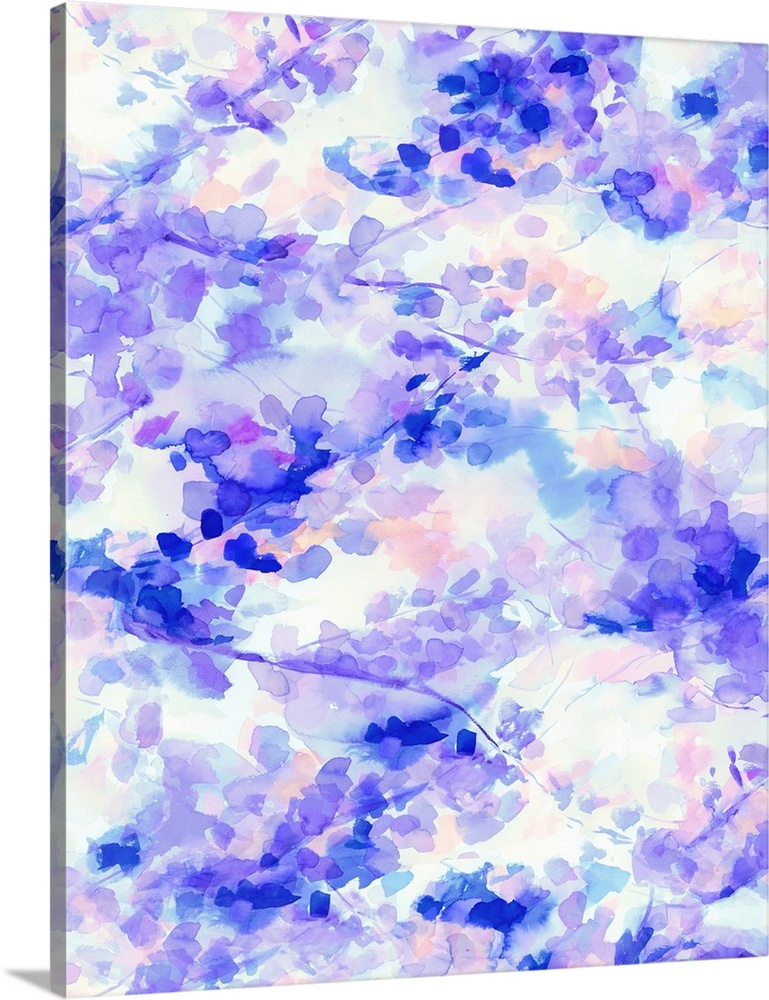 An abstract watercolor painting of branches of leaves in colors of pink and purple.