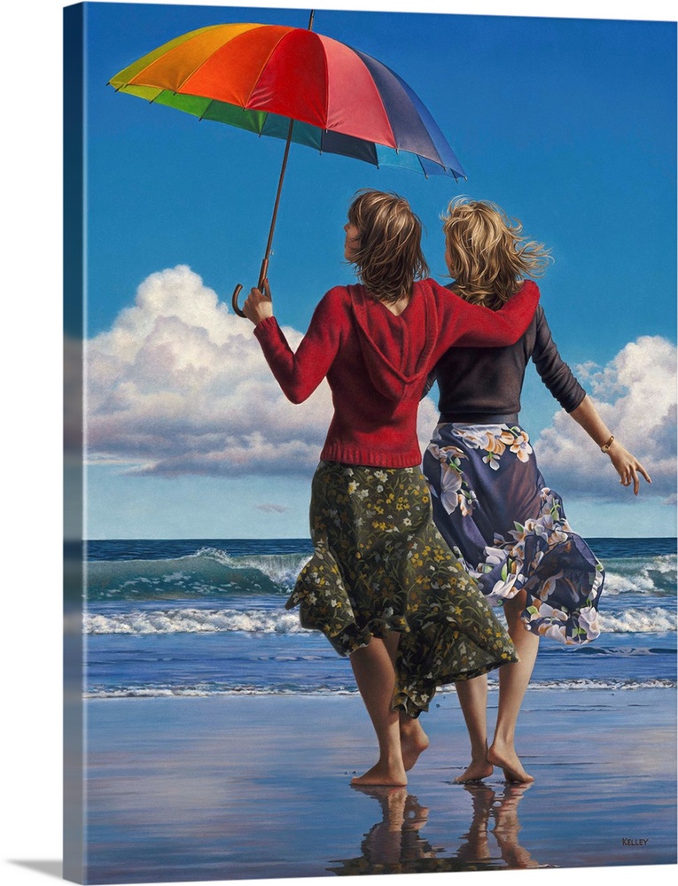 A contemporary painting of two woman walking along the beach waves while holding an umbrella.