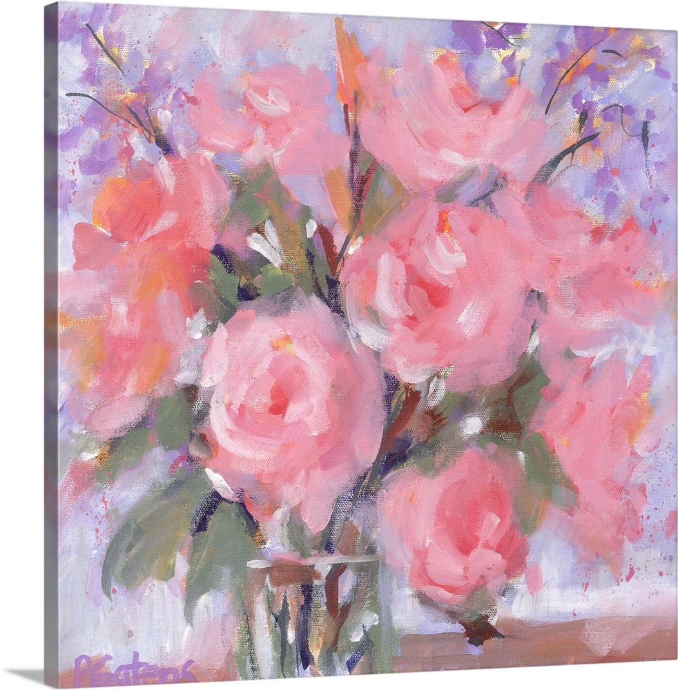 A square contemporary painting of a vase of flowers in pastel colors of pink and purple.