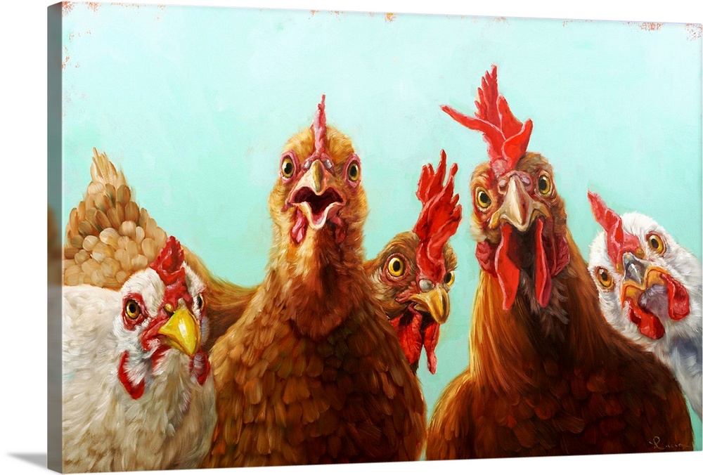 A contemporary painting of a group of chickens peering at the viewer.