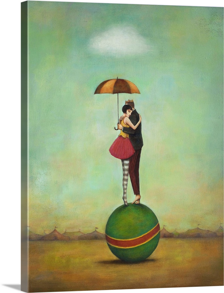 Contemporary surreal artwork of a woman and man embracing on top of a green ball.