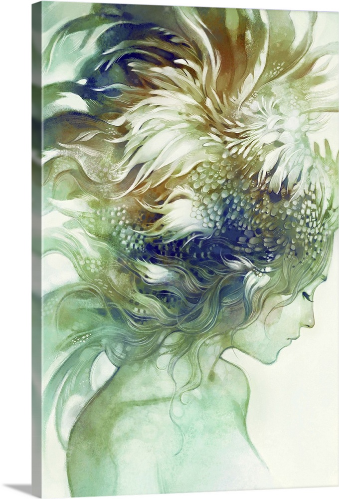A contemporary fantastical painting of a woman in profile with wings and feathers jetting out from her hair.