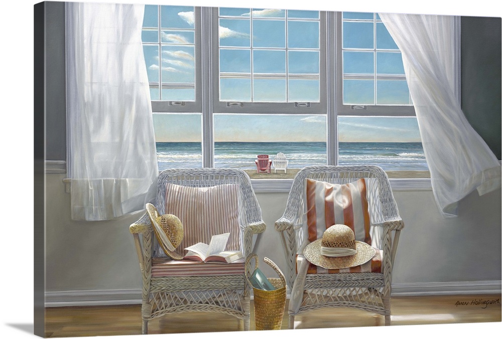Contemporary painting of two chairs sitting in a sunlit room, with an open window and drapes being blown in the wind.