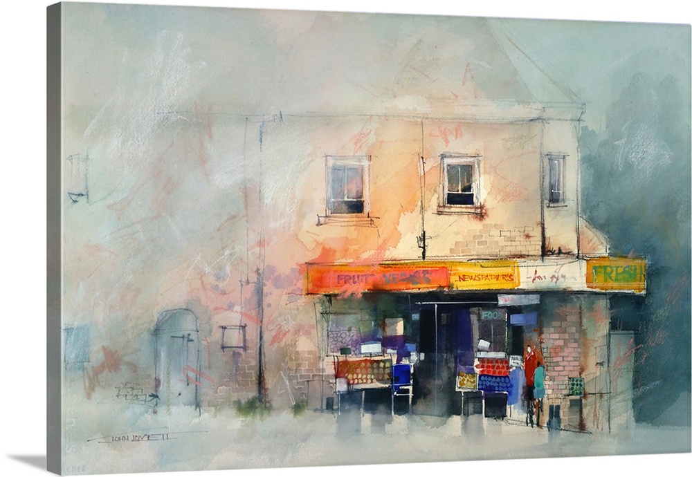 Contemporary painting of a corner store in an urban atmosphere.