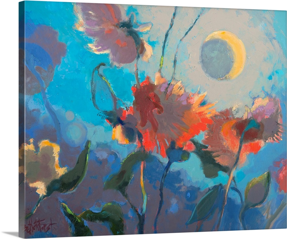 A contemporary painting of colorful flowers under a moonlit sky.