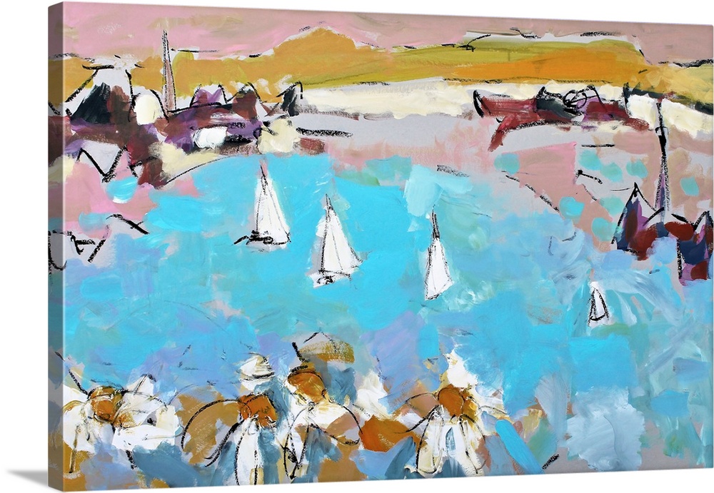 A very chunky contemporary abstract painting, resembling white flowers in front of a bay with sailboats and mountains in t...