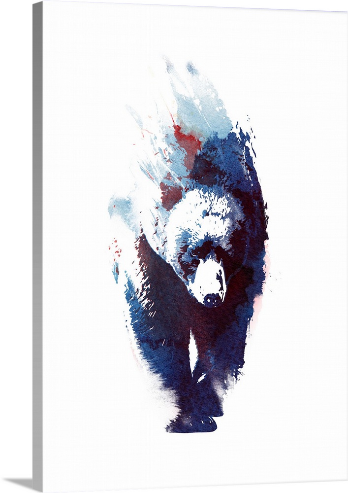 Contemporary artwork of a watercolor bear solemnly walking against a white background.