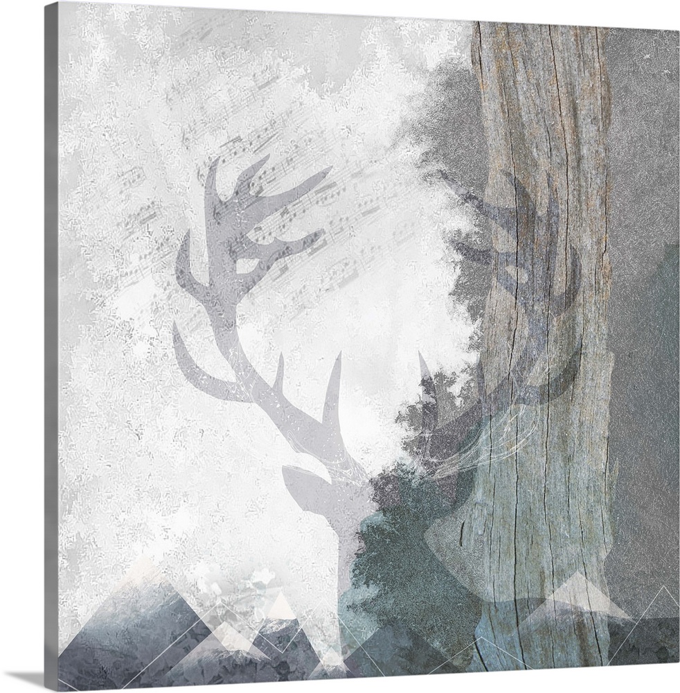 Contemporary artwork of a faded illustration of a stag against a distressed background of wilderness imagery.
