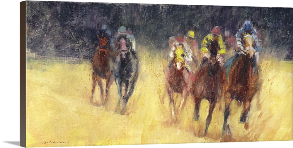 A contemporary painting of a horse derby, with the air of the horses advancing toward you.