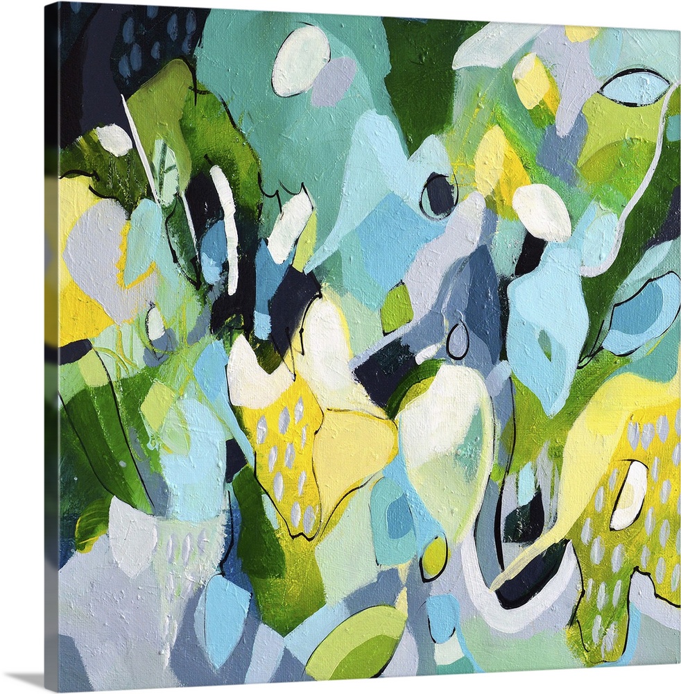 Festive abstract painting with blue, green, and yellow shapes.