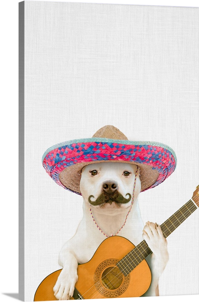 A creative digital illustration of a dog with a hat and mustache with a guitar.