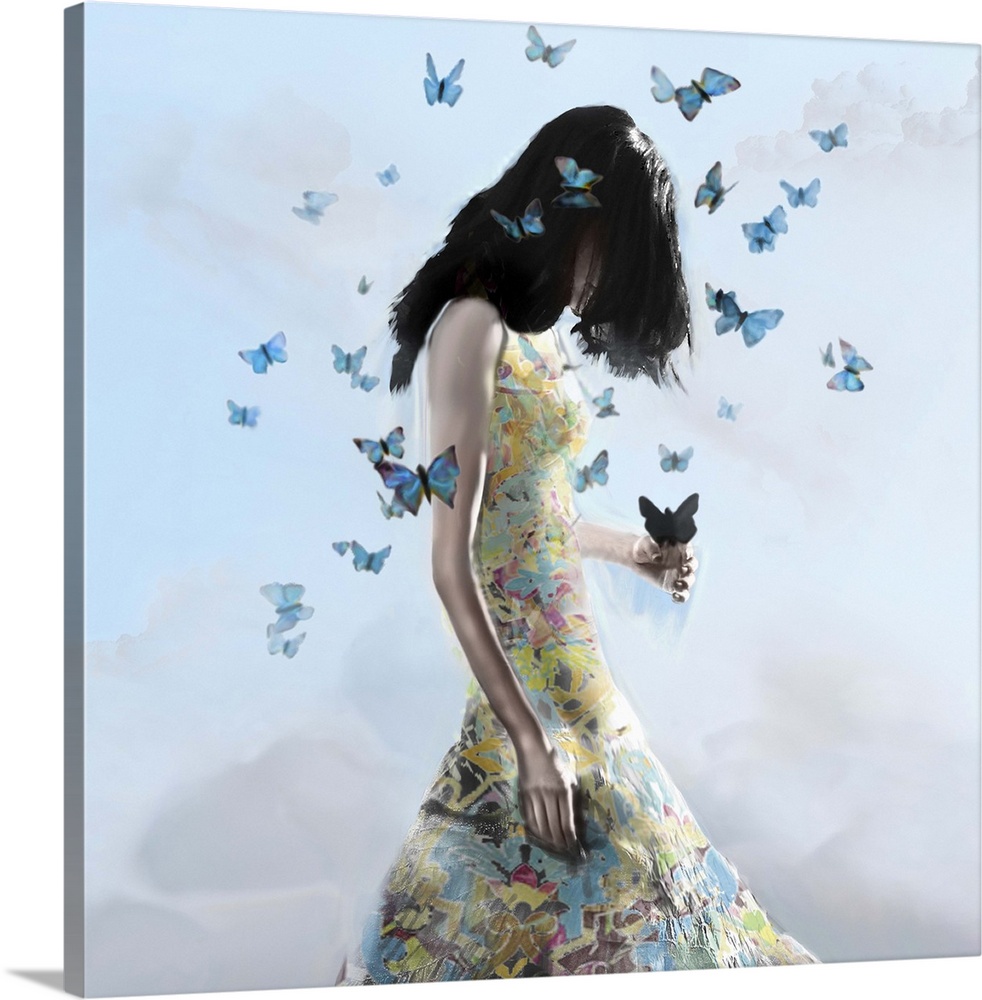 Contemporary artwork of a women with dark hair standing against a blue background, wearing a dress with blue butterflies h...