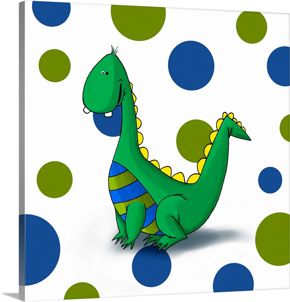 Digital illustration of a dragon on a polka dot background.