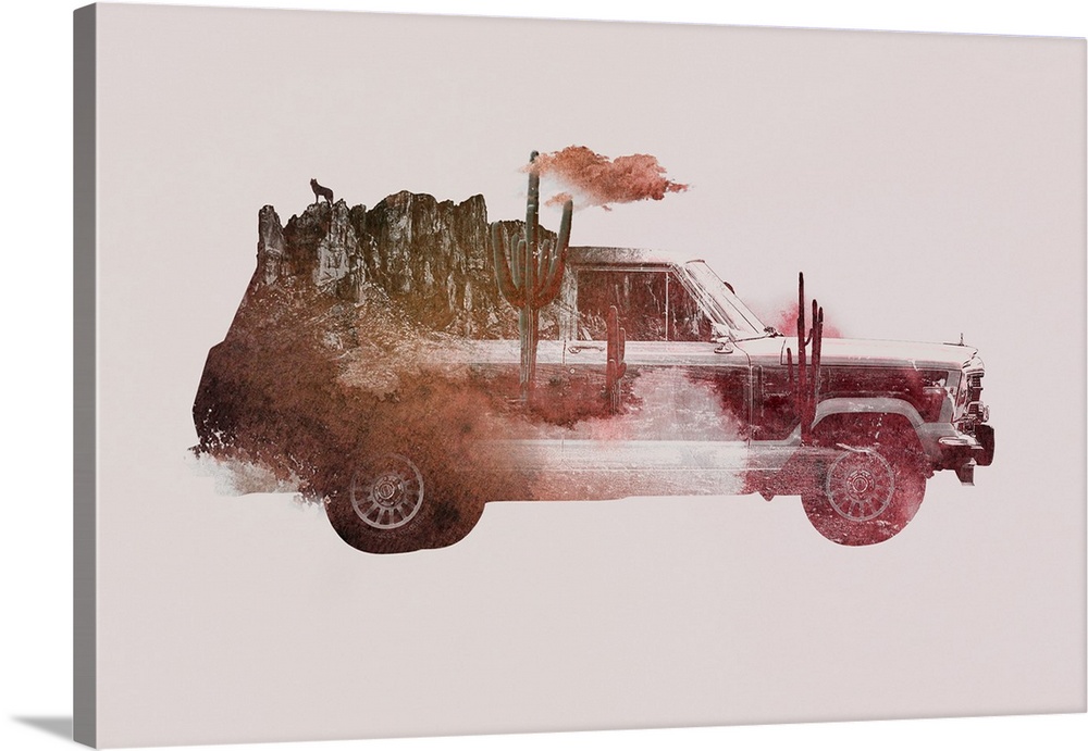Double exposure artwork featuring a station wagon and a desert scene.