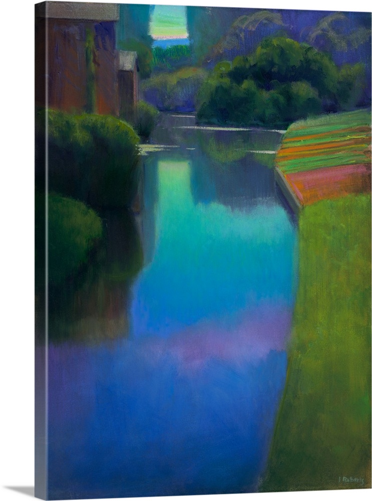 A contemporary painting of a river flowing through a countryside.