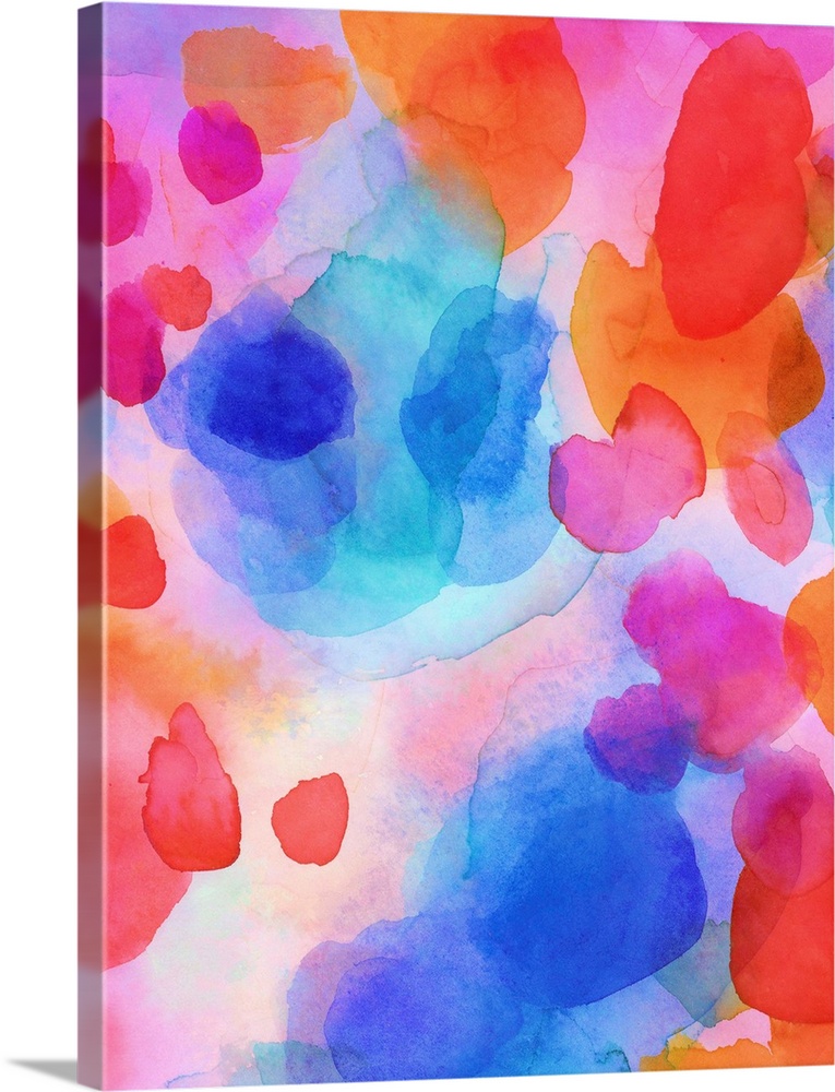 A vertical abstract watercolor painting in brilliant colors of pink, orange and blue.