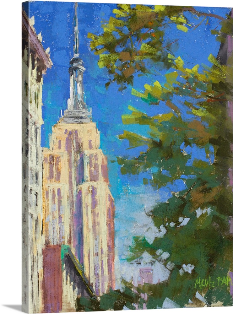 A contemporary painting of the Empire States Building with a tree in the foreground.