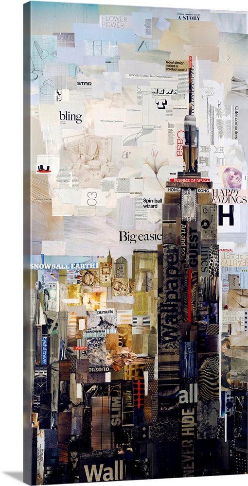 Mixed media artwork of the Empire States Building made from cut magazine and book pages.